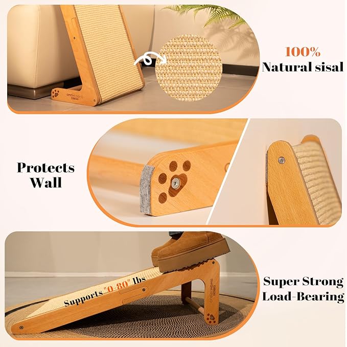 Sisal Cat Scratcher Ramp for Indoor Cats, 24.8" L Shape Scratching Post Climbing Vertical Cat Scratch Pad, Solid Wooden Cat Furniture(Medium)