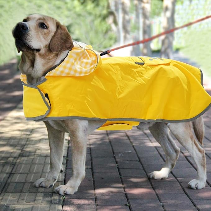 MAMORE Dog Raincoat Reversible,Waterproof Dog Rain Coat Hooded Slicker Poncho with Reflective Strip, Plaid Double Layer Rain Jacket for Small Medium Large Dogs (Yellow, X-Large)