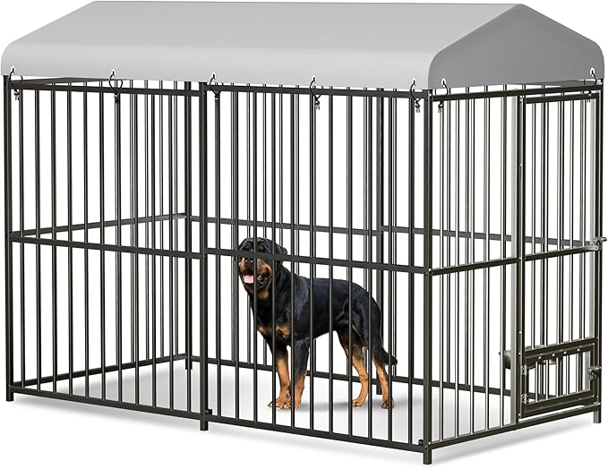 8X4x6FT Large Outdoor Dog Kennel with Swivel Feeder & UV-Resistant Waterproof Roof Covered, Heavy Duty Dog Cage Playpen for Medium and Large Dogs, Easy Assembly