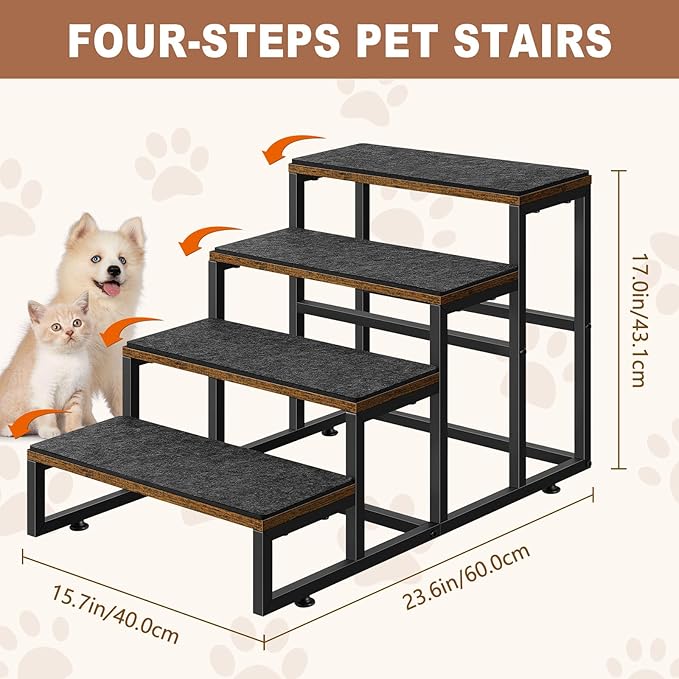 Dog Stairs for Small Dogs, 4 Steps Pet Stairs for High Bed and Couch Sofa, Non-Slip Dog Stairs for Small Dogs, Older or Injured Pet, Industrial Brown