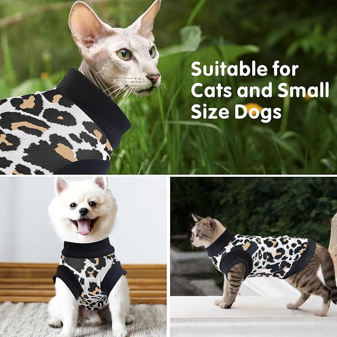Idepet Cat Clothes Kitten Sweater Soft Kitten Shirt Cute Leopard Print Kitty Vest Pullover Pajamas Jumpsuit Cotton Apparel for Hairless Cats &Puppy (White,XL)