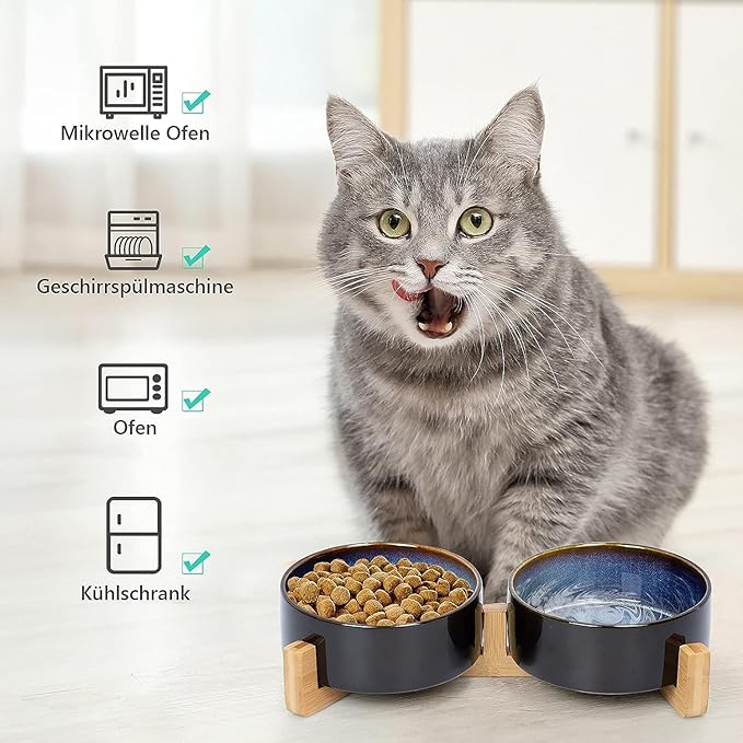 SPUNKYJUNKY Ceramic Dog and Cat Bowl Set with Wooden Stand, Modern Cute Weighted Food Water Set for Small Size Dogs (13.5OZ) & Medium Sized Dogs (28.7OZ) & Cats (1.7 Cups, 2 × Starry Blue)