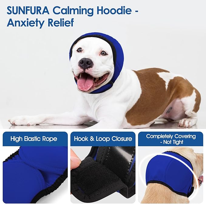 SUNFURA Dog Calming Hoodie - Anxiety Relief Quiet Ears for Dogs, Dog Ear Muffs Cover Noise Protection, No Shake Head Wraps Hematoma for Grooming, Force Drying, Bath, Blue S