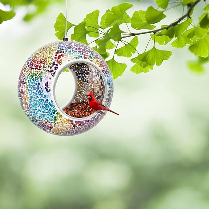 Yinns Mosaic Bird Feeder- Fly Through Glass Bird Feeders for Outside Hanging with Round Shape Glass Container Wild Birdfeeder for Garden Decor, 6.5 Inch Multicolor
