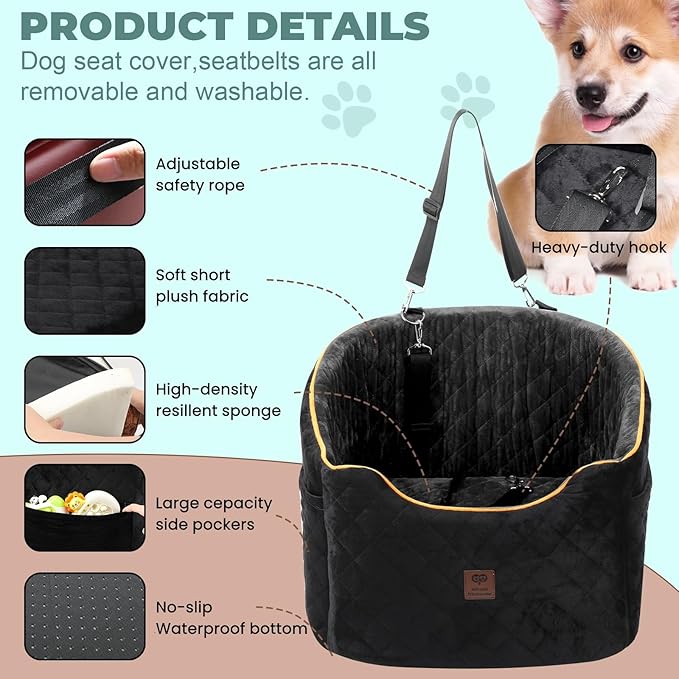 Aidou Dog Booster Seat for Small to Large Dogs & Cats, Pet Travel Safety Seat with Storage & 2 Rope, Dual-use for Car & Home (Black, Medium)