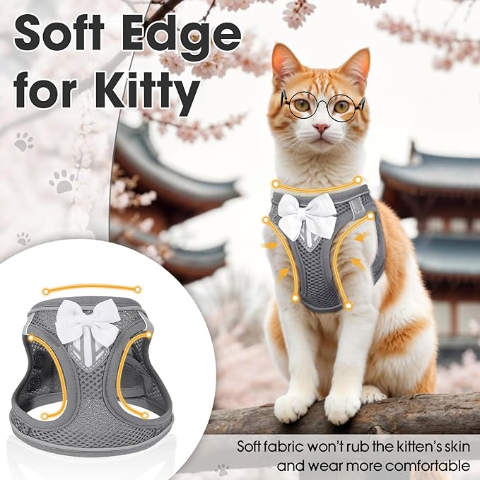 Cat Vest Harness and Leash Set for Walking Escape Proof, Adjustable Kitten Harness Breathable Mesh with Reflective Strips Harness for Kitty Puppy Bunny (Grey,XS)