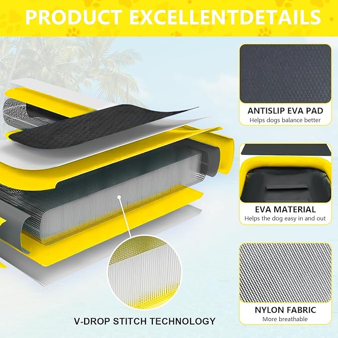 Dog Pool Ramp, Inflatable Dog Boat Ramp, Non-Slip EVA Inflatable Floating Dock Ladder for Pools Boats Docks, Safe & Easy Water Access for Large Dogs, Yellow