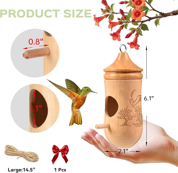 Hummingbird House, Solid Wood Hummingbird Houses for Outside-Exquisitely Handcrafted Birdhouse with Ribbon and String Hanging Kit, Durable Garden Decor, Perfect Gardening Gift(Style-E, 1 Pack)