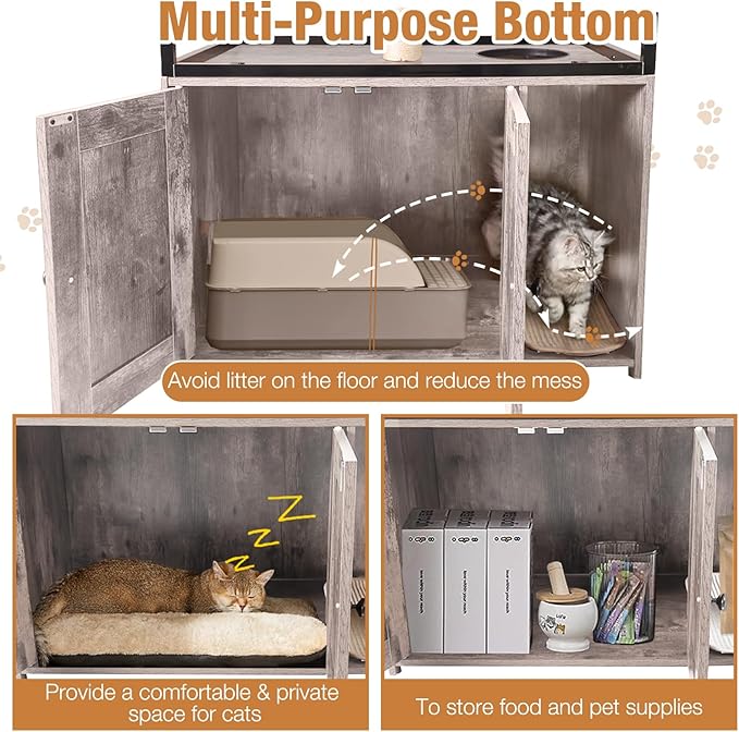 Cat Litter Box Enclosure, Wooden Cat Tree with Hidden Litter Box Enclosure, Indoor Cat House with Condo, Hammock Scratching Mat and Storage Shelves (Grey, Large)