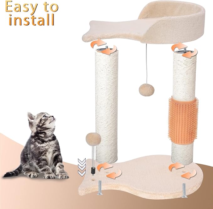 5-in-1 Cat Tree Tower Multifunction Cat Scratching Post Featuring with Fish-Shaped Rest Platform Cat Self Groomer Danging Ball Spring Ball, Ideal for Indoor Cats or Kittens - Cream