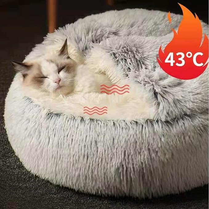 Calming Self Warming Kitten Bed, Round Hooded Cat Cave Indoor Puppy Sleeping Faux Fur Warm Soft Plush Donut Cuddler, Non-Slip Bottom Cat Cushion, Machine Washable