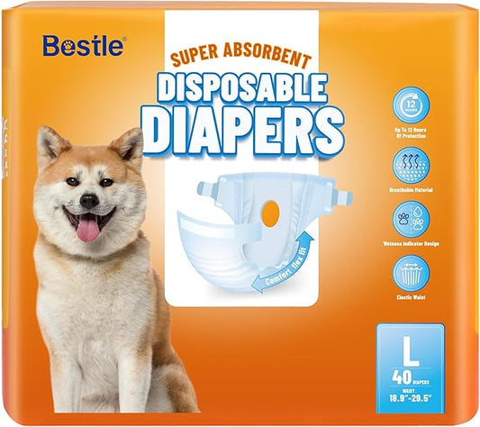 Disposable Female Dog Diapers, 40 Count, L (Waist 26.8”-29.5”), Wetness Indicator, Ultra Protection, Leak Proof, Super Absorbent, Soft