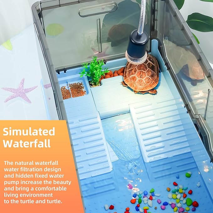 Turtle Habitat Tank Kit– Fresh Filtration, Waterplay Fun, Diverse Living, Heat Lamp, Water Pump and Convenient Water Changes in Turtle cage Tanks (Blue, XL)