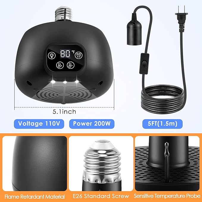 1 Pack Chicken Coop Heater with Remote, 200W Chicken Coop Warmer Temperature Control with Lights, Heat Lamps for Chickens with Digital Display and 5Ft Cable for Reptiles/Duck/Lizard