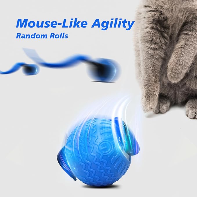Interactive Cat Toy for Indoor Cats, Speedy Ball with Tail, Automatic Moving Cat Balls for Bored Indoor Adult Cats, 360°Automatic Rolling Ball Toy, Two Speed Adjustment(Blue)