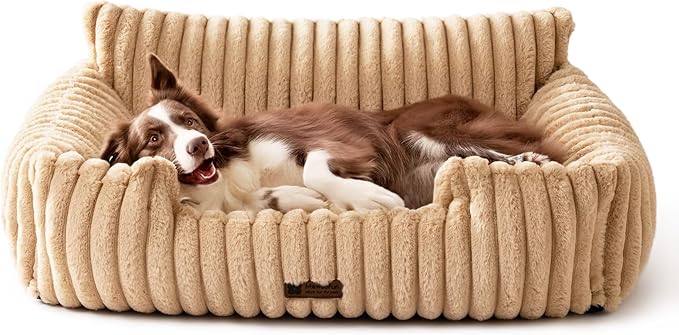 MEWOOFUN Dog Sofa Bed, Fluffy Dog Couch with Removable Washable Cover, Supportive Puppy Bed for Medium Sized up to 45 lbs (Camel, 36x28x12)