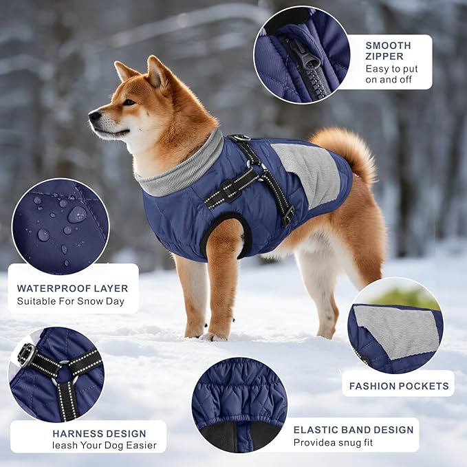 Mosucoirl Warm Dog Coats Pet Clothes, Waterproof Dogs Jacket Reflective Pet Outfits Winter Dog Cold Weather Coat Cozy Snow Jackets Vest for Small Medium Large Dogs Puppy Doggie (NavyBlue, M)