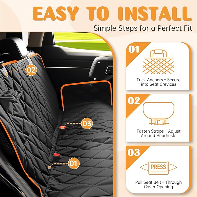 Dog Car Seat Cover for Back Seat 100% Waterproof, Long-Lasting and Soft Nonslip Backseat Dog Cover for Cars, SUVs and Trucks (Black-Orange, Standard (54" W x 59" L))