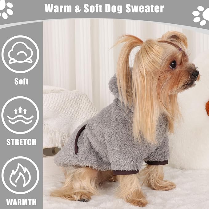 Dog Sweaters for Small Dogs Boy Male Fleece Small Dog Hoodie Winter Puppy Sweater for Chihuahua Teacup Yorkie Soft Stretchy Tiny Clothes Cat Sweater Pet Outfits Grey, M