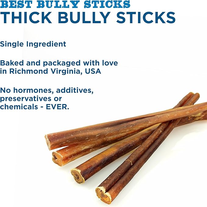 Best Bully Sticks Thick 12 Inch Bully Sticks for Dogs - 18 Count (Pack of 1) - Natural, Grass-Fed Beef, Single Ingredient, Grain and Rawhide Free - Large Breeds