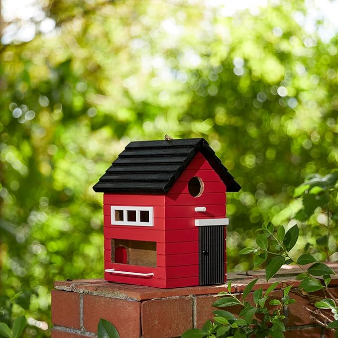 Glitzhome Wooden Bird Houses, Hand Painted Hanging Bird House for Outdoors,10.25" H Modern Functional and Decorative Outdoor Garden Birdhouse for Finch Bluebird Cardinals Swallow Wren Chickadee, Red