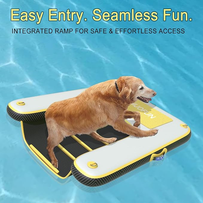 Inflatable Dog Water Ramp with Non-Slip Steps & D-Rings–220 lbs Capacity,55"x39.4"x4", Portable Floating Ladder for Pool, Boat, Lake – Yellow