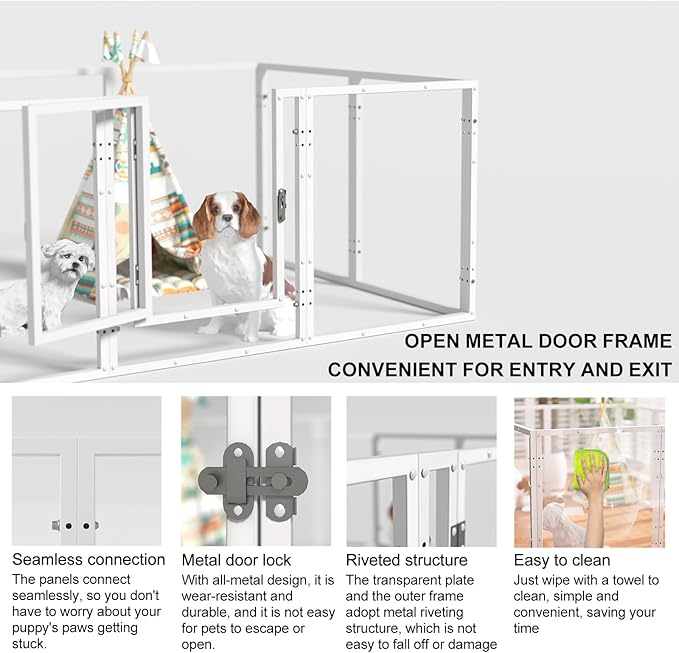 Clear Acrylic Dog Play Pen Indoor - 39 Inch 8-Panel Pet Enclosure for Small Dogs & Cats, Outdoor Use with Door, Easy Assemble & Cleaning