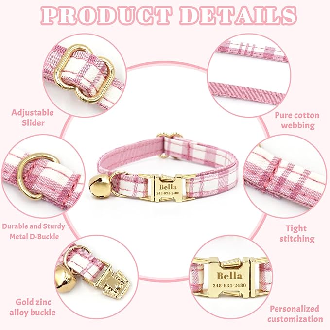Personalized Cat Collar with Custom Name Plate, Customize Engraved Metal Buckle, Adjustable Cute Plaid Cat ID Tag Collars with Bell