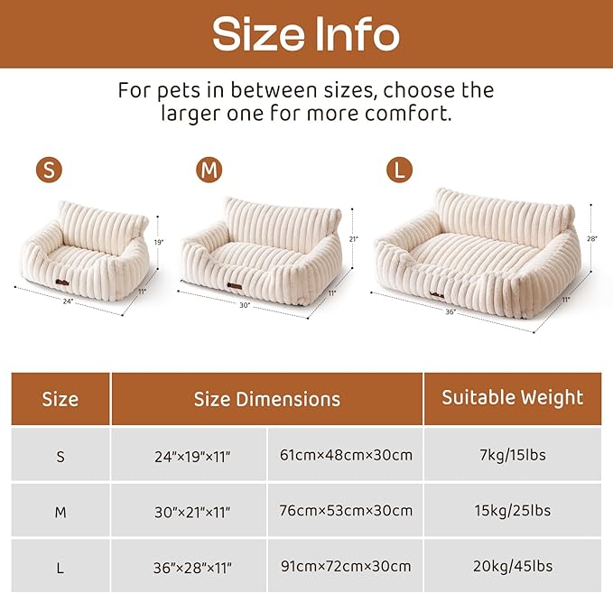 MEWOOFUN Dog Couch Bed, Fluffy Small Dog Bed with Removable Washable Cover, Supportive Cat Couch for Cats & Dogs up to 25 lbs (Beige, 30x21x12)