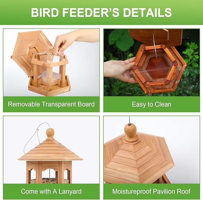 Wooden Bird Feeder for Outdoors Hanging, Red Cedar Hexagon Shaped Large Capacity, Cardinal Birdfeeder for Garden Decoration Yard, Weatherproof and Durable(Large)