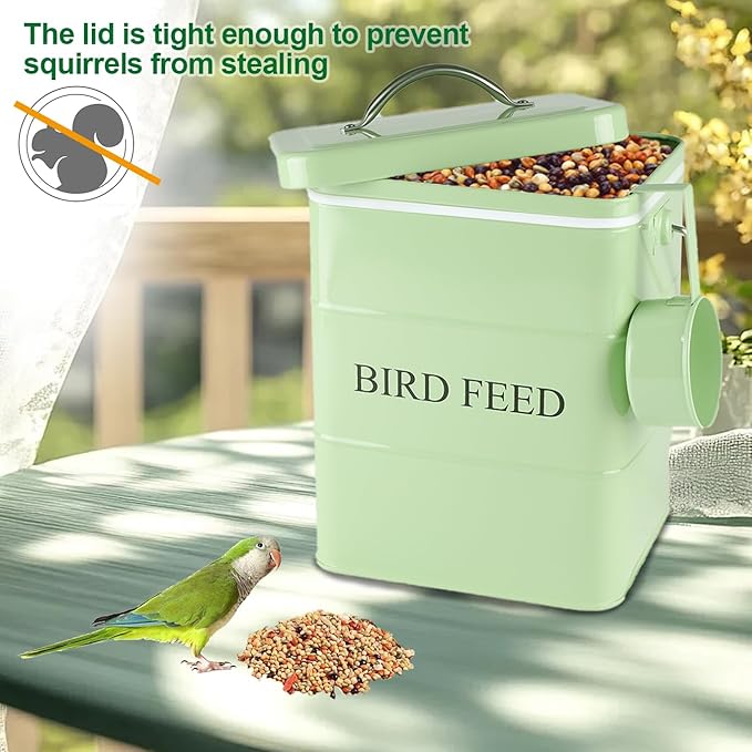 Bird Seed Storage Container Airtight,5~6LB Metal Bird Food Container with Scoop,for Storing Sunflower Seed-Ideal for Outdoor or Indoor-Squirrel Proof -Green