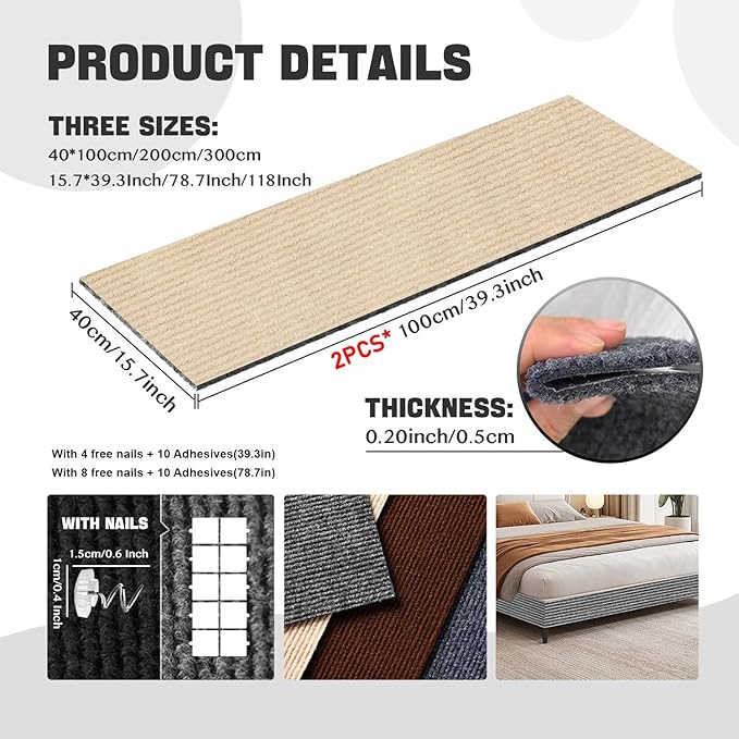 Cat Scratching Carpet Mat, Self-Adhesive Trimmable Cat Climbing Post Covered Pad Replacement for DIY Cat Tree Shelf Steps Couch Corner Wall Cat Scratcher Furniture Protector (Khaki, 78.7x15.8Inch)