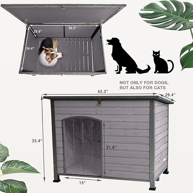 Dog House Outdoor Insulated Dog House for Small Medium Large Dogs, Natural Wood with Iron Frame, Waterproof Roof Raised Feet