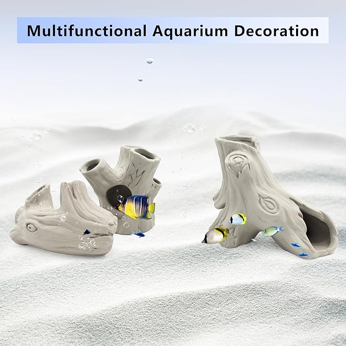 Aquarium Decorations Ceramic Artificial Stump Cave,Betta Fish Tank Accessories Hollow Tree Stump Decor 2-Piece Set