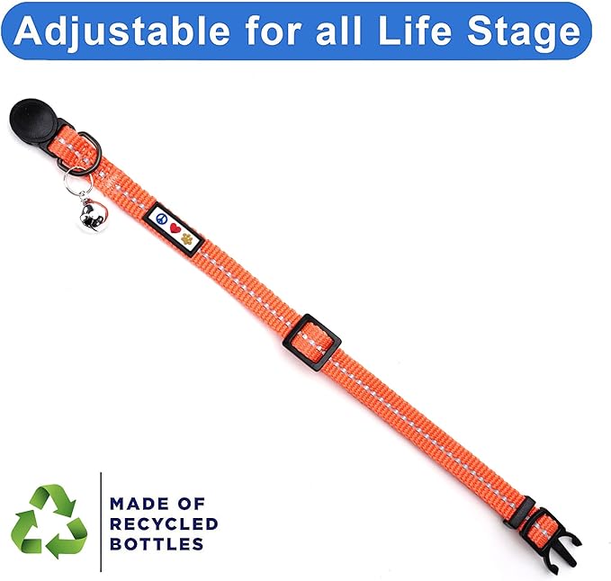Pawtitas Recycled Cat Collar with Reflective Stitched and Safety Buckle Removable Bell Reflective Cat Breakaway Collar Made from Plastic Bottles - Living Coral Cat Collar.