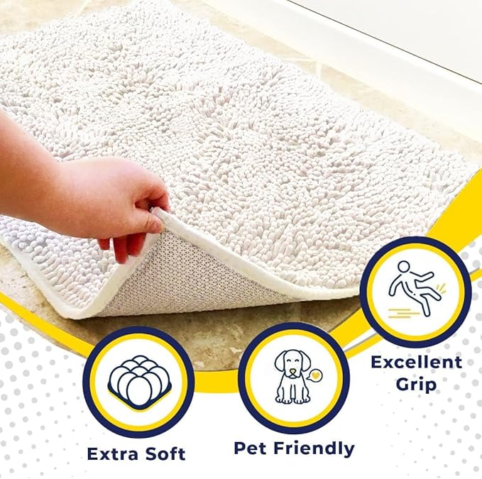 Muddy Mat® AS-SEEN-ON-TV Highly Absorbent Microfiber Door Mat and Pet Rug, Non Slip Thick Washable Area and Bath Mat Soft Chenille for Kitchen Bathroom Bedroom Indoor and Outdoor - White 24" x 72"