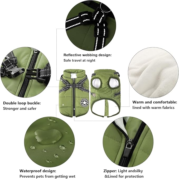 Aiboria Dog Jackets for Winter Windproof Waterproof 2 in 1 Outfit Cold Weather Coat Dog Vest Harness Puppy Winter Warm Jacket Large Green 3XL