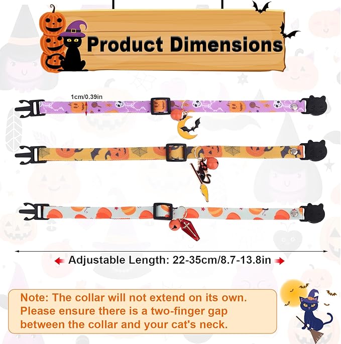 3pcs Halloween Cat Collars with Bells, Polyester Adjustable Breakaway Festive Kitten Puppy Collars Playful Holiday Accessories for Small Dog Kitty Pets (Black Cat, Bat, Cross Pattern)