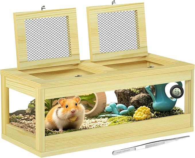 Large Hamster Cage, Solid Wood Gerbil Cage, Chewproof Hamster Cages and Habitats, Sliding Doors, Top Ventilation Window, Guinea Pig Cages for Small Animals, Dwarf, Syrian, Mice, 36" x 18" x 12"