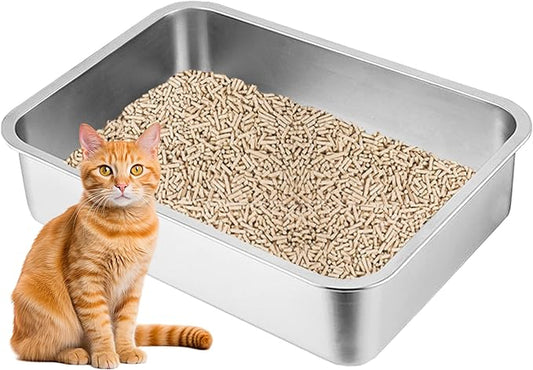 Stainless Steel Litter Box for Cats,17.7"×13.8"×4" Metal Litter Pan Low Entry for Small Kittens and Senior Cat,Shallow Litterbox for Guinea Pig,Puppy,Hamsters Toilet