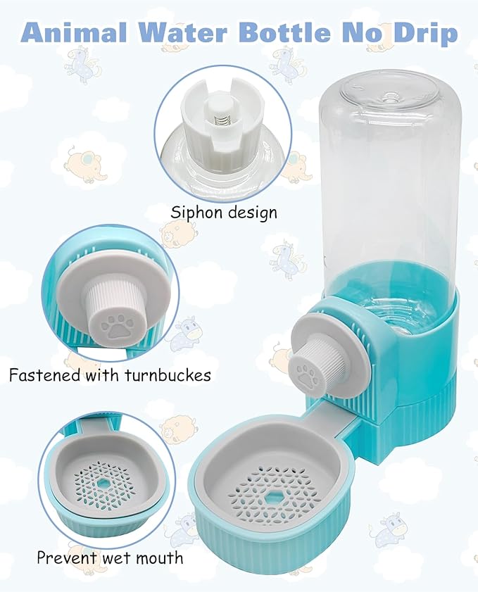 BNOSDM Rabbit Water Dispenser for Cages, 18oz 2 Pack Gravity Guinea Pig Water Bottle No Drip, Hanging Bunny Water Feeder for Chinchillas Hamsters Ferrets Squirrels (Blue)
