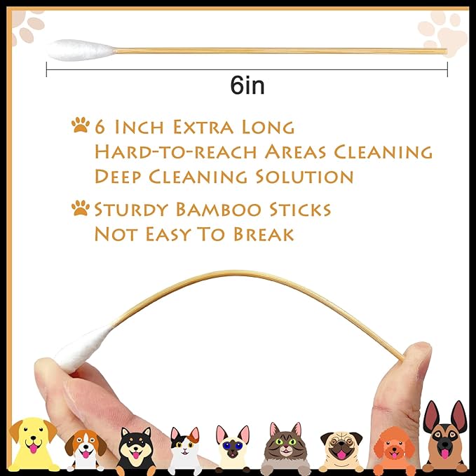 eyxformula 6 Inch Long Cotton Swabs for Pet Cleaning, Bamboo Handle, Pet Ear Cleaning Solution Supplies for Dogs and Cats (200 pcs Large Cotton swabs)
