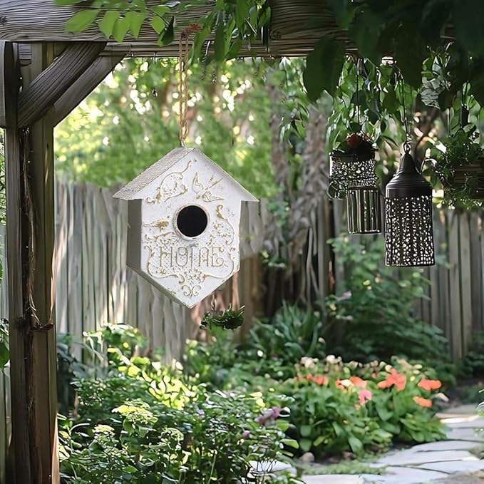 Vintage Hanging Bird Houses for Outside Metal Bird Nest Box for Bluebird Wren Chickadee Sparrow Garden Patio Outdoors Birdhouses Unique Distressed White Decoration