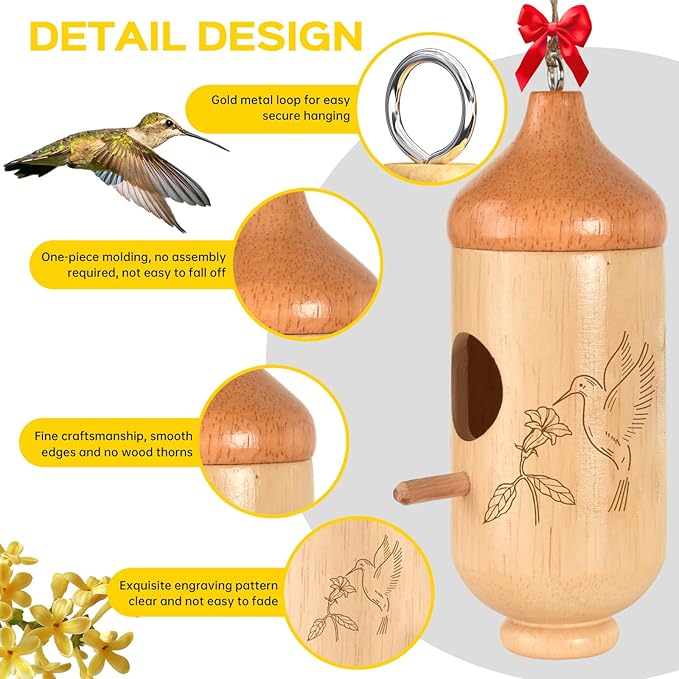 Hummingbird House, Solid Wood Hummingbird Houses for Outside-Exquisitely Handcrafted Birdhouse with Ribbon and String Hanging Kit, Durable Garden Decor, Perfect Gardening Gift(Style-C, 1 Pack)