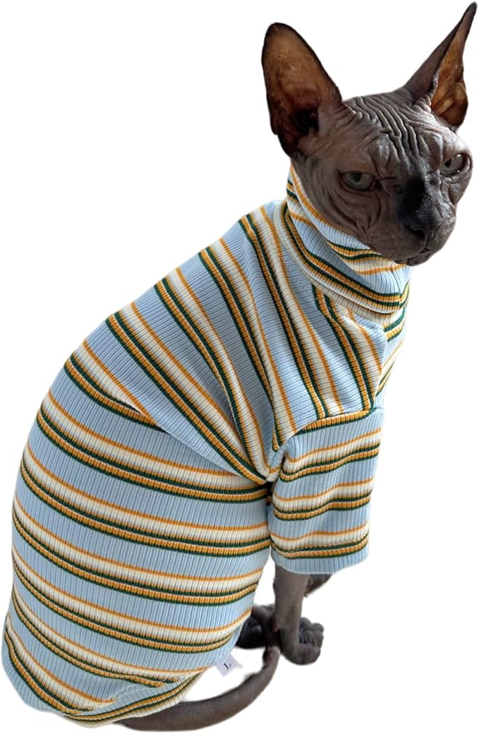 Turtle Neck Vintage Stripes Sphynx Hairless Cat Cotton T-Shirts Pet Clothes Vest Kitten Shirts Sleeveless, Cats & Small Dogs Apparel (Light Blue, S (3.3-5 lbs))