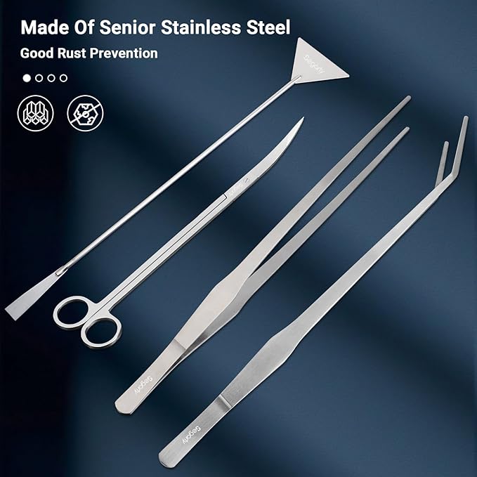 Segarty Longer Aquarium Aquascaping Tools, 4 in 1 Stainless Steel Silver Aquarium Tools Kit for Aquatic Plant Fish Tank, Scraper Spatula Feeding Tweezers Curved Scissors Anti Rust Aquascape Set