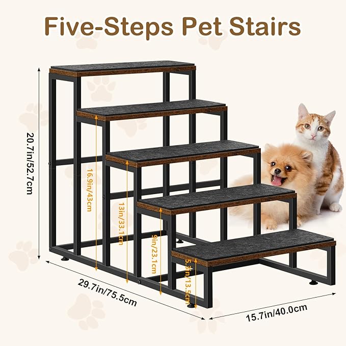 Pet Stairs for High Bed & Couch - 5 Steps Non-Slip Dog Stairs for Small Dogs & Older/Injured Pets, Brown