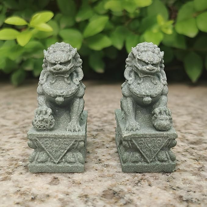 livelyfish Asian Fu Foo Dogs Pair of Two Guardian Lion Statues, Fish Tank Aquarium Sandstone Figurines Chinese Ornaments Feng Shui Decorations (M)