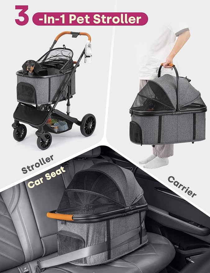 Dog Stroller for Small/Medium Dogs Up to 60lbs, 4 Wheels Folding Pet Stroller with Detachable Carrier, Pet Travel Carrier for Puppy & Cats, Storage Basket, Breathable Mesh, Grey
