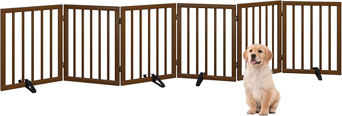 Dog Gate, Freestanding Dog Gates for Doorways, Foldable Dog Gate Indoor, Pet Gates for Doorways Bedroom, Puppy Gate with Metal Support Feet, Room Divider 6 Panels (Walnut)